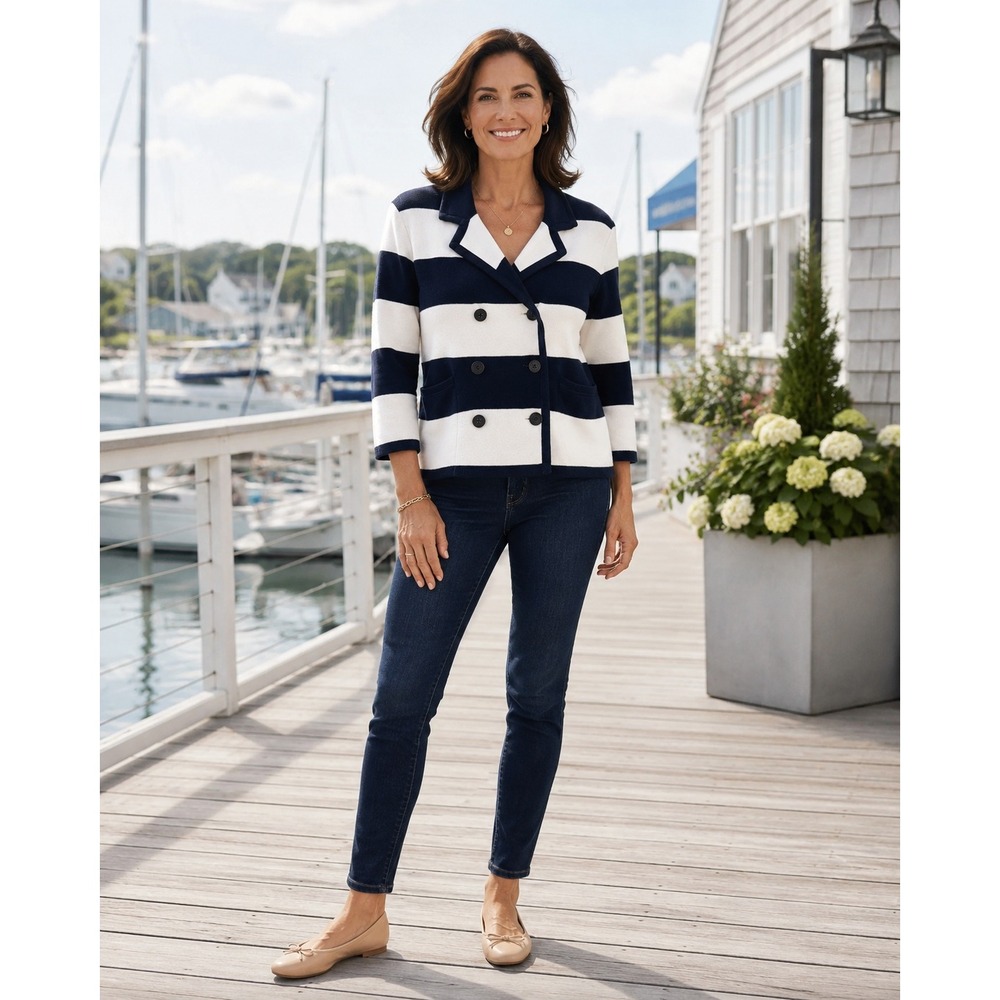 Lands' End Navy White Stripe Double Breasted Knit Blazer Jacket Womens Medium